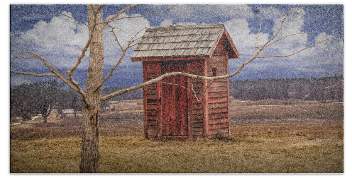 Outhouse Bath Sheet featuring the photograph Old Rustic Wooden Outhouse in West Michigan by Randall Nyhof