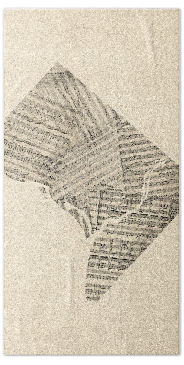 Washington Dc Hand Towel featuring the digital art Old Sheet Music Map of Washington DC by Michael Tompsett