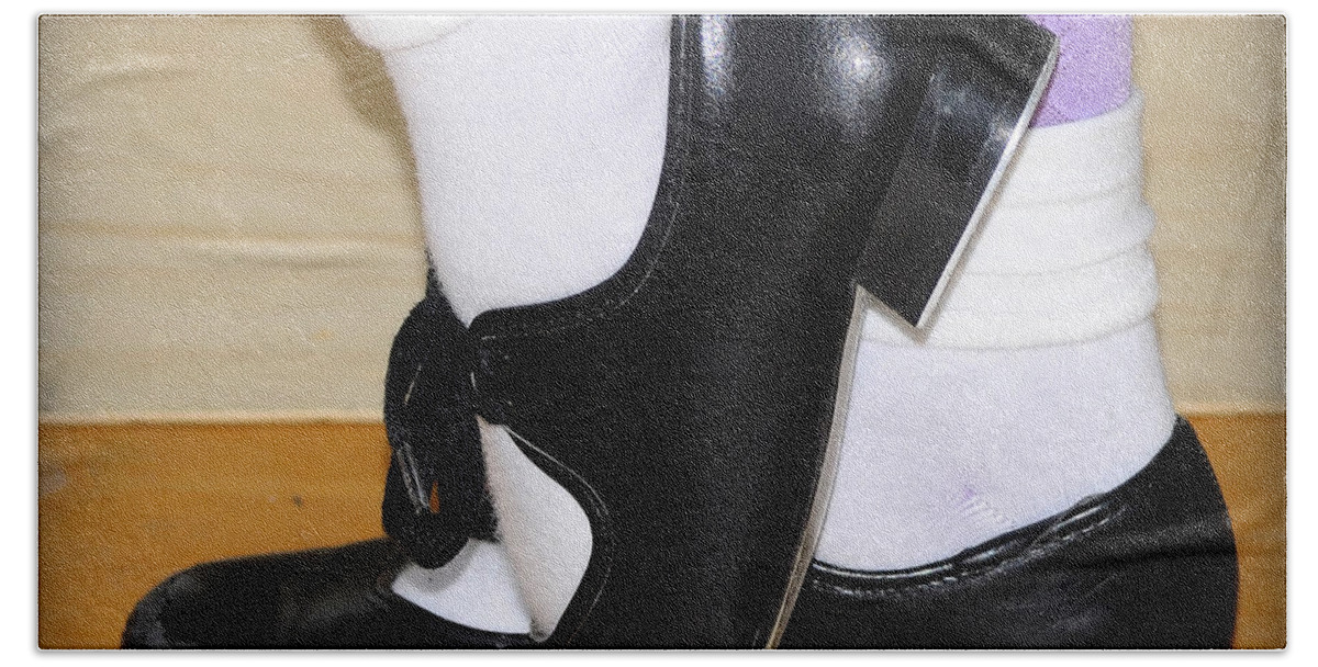 Black Hand Towel featuring the photograph Old Tap Dance Shoes With White Socks And Wooden Floor by Pedro Cardona Llambias