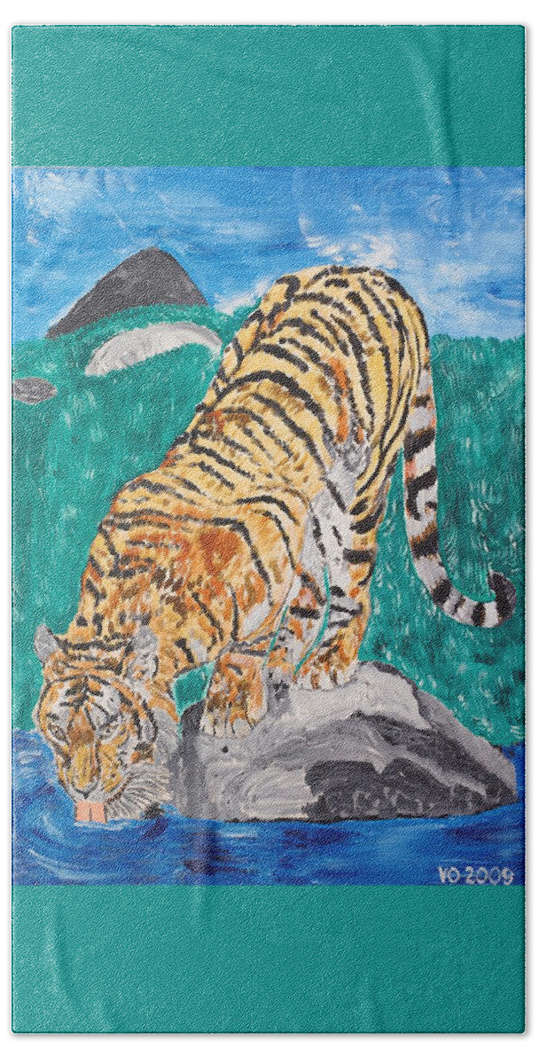 Cat Bath Towel featuring the painting Old Tiger Drinking by Valerie Ornstein