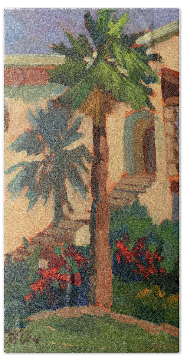 Old Town La Quinta Palm Tree Bath Towel featuring the painting Old Town La Quinta Palm by Diane McClary