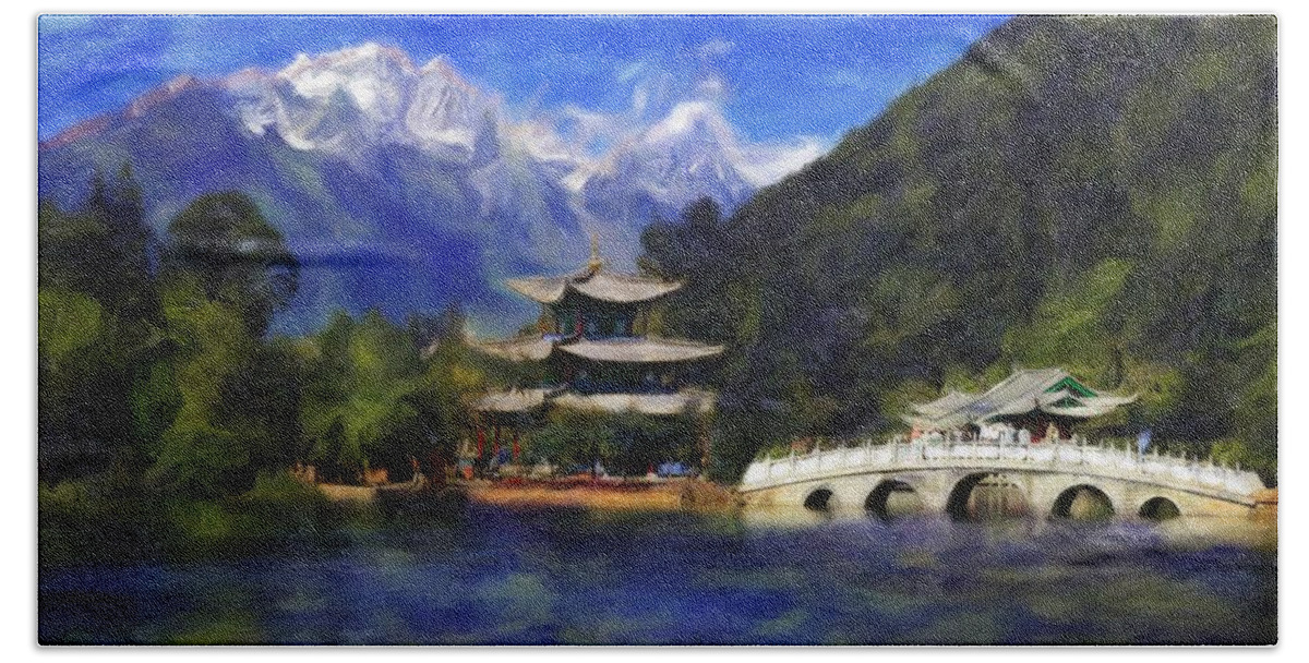 Unesco Heritage Page Bath Towel featuring the painting Old Town of Lijiang by Vincent Monozlay