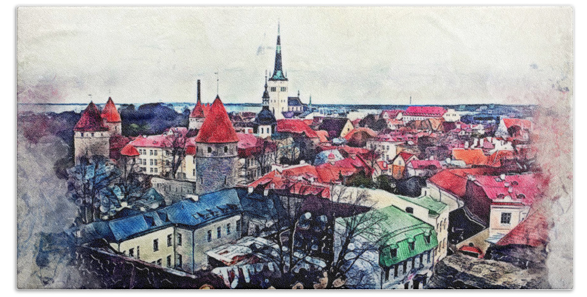 Tallinn Hand Towel featuring the painting Old Town of Tallinn by Justyna Jaszke JBJart