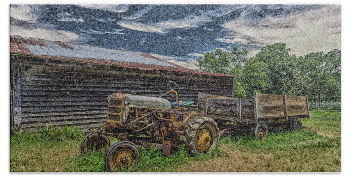 Barn Hand Towel featuring the photograph Old Tractor by Barn by Darryl Brooks