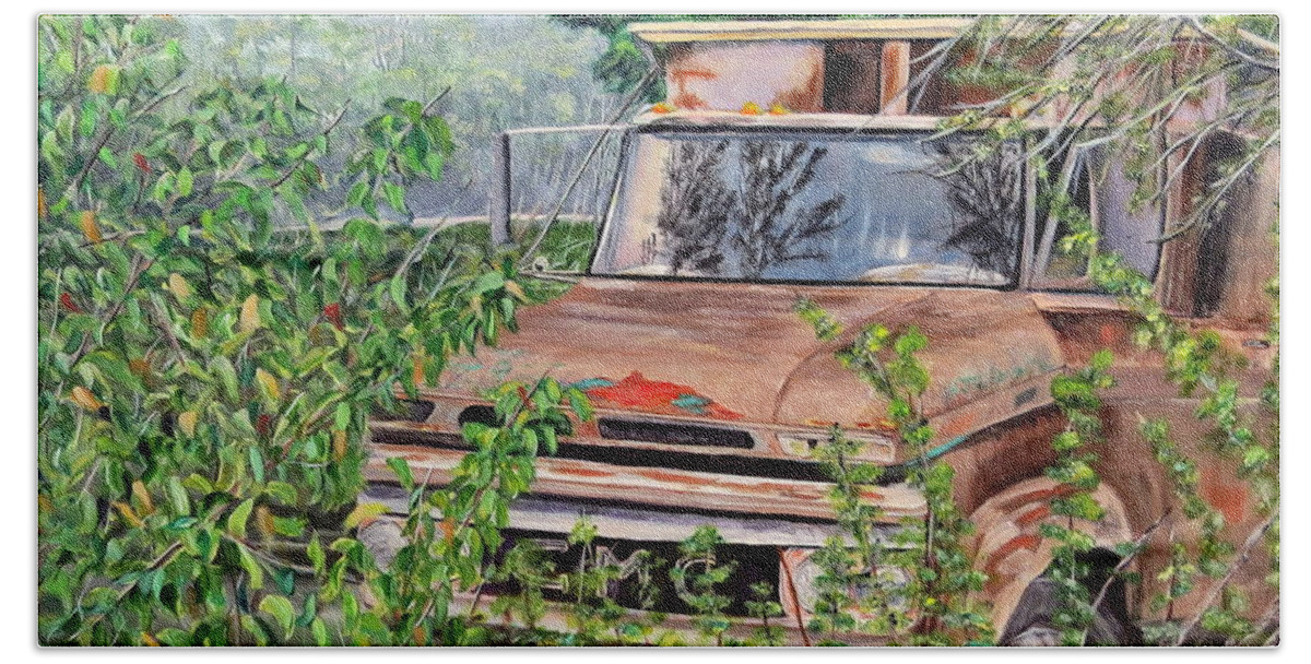Old Truck Hand Towel featuring the painting Old truck rusting by Marilyn McNish