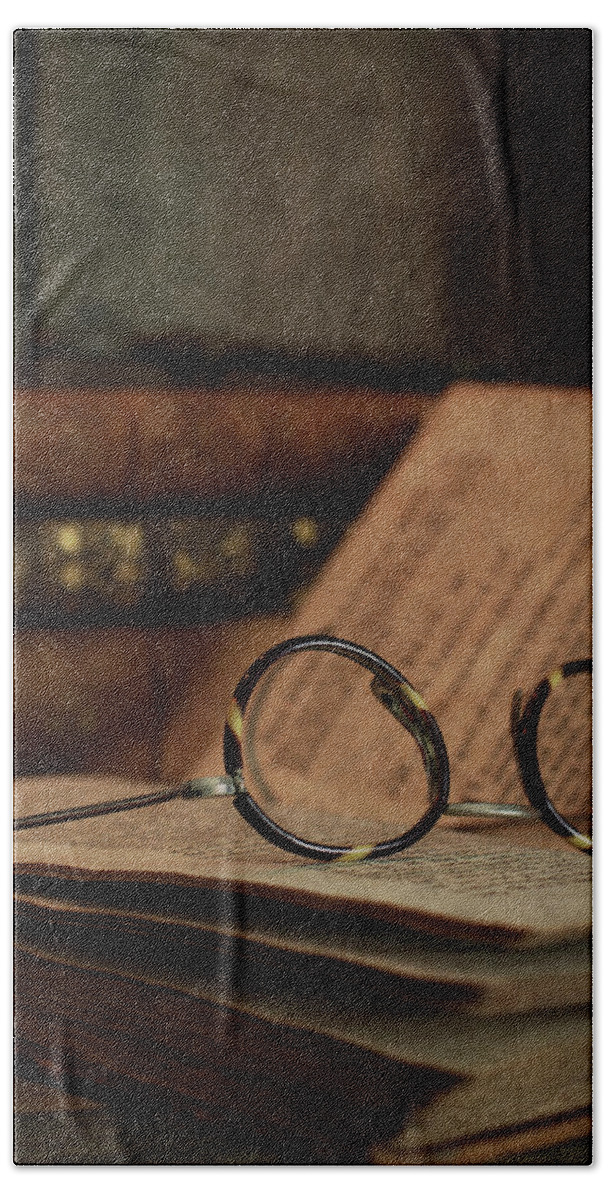 Spectacles Bath Towel featuring the photograph Old Vintage Books With Reading Glasses by Ethiriel Photography