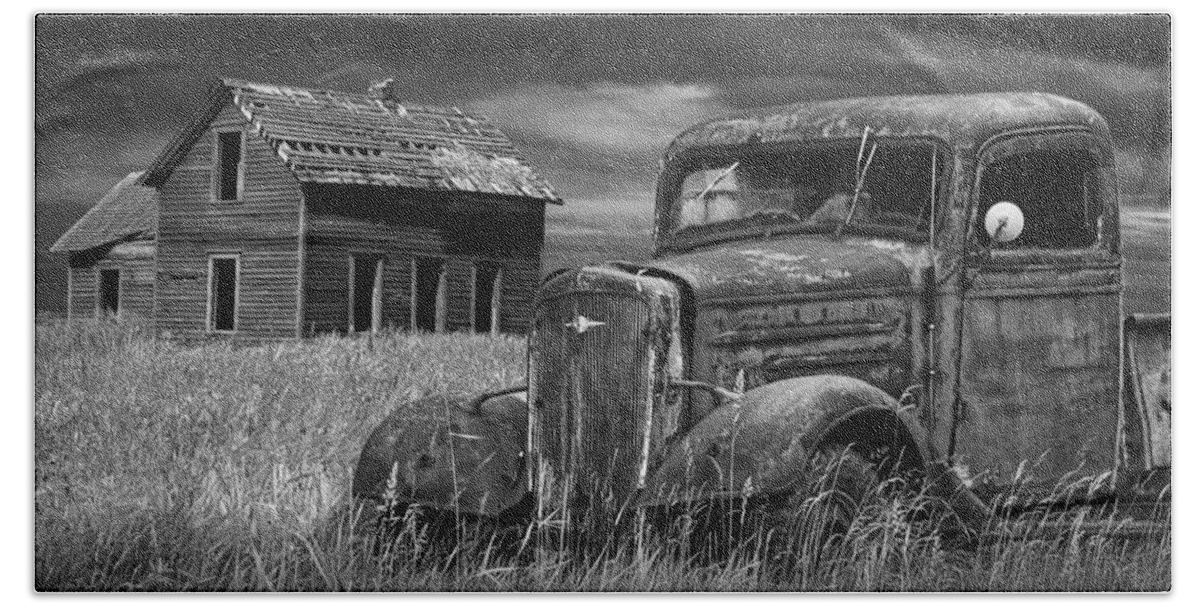 Landscape Bath Sheet featuring the photograph Old Vintage Pickup in Black and White by an Abandoned Farm House by Randall Nyhof