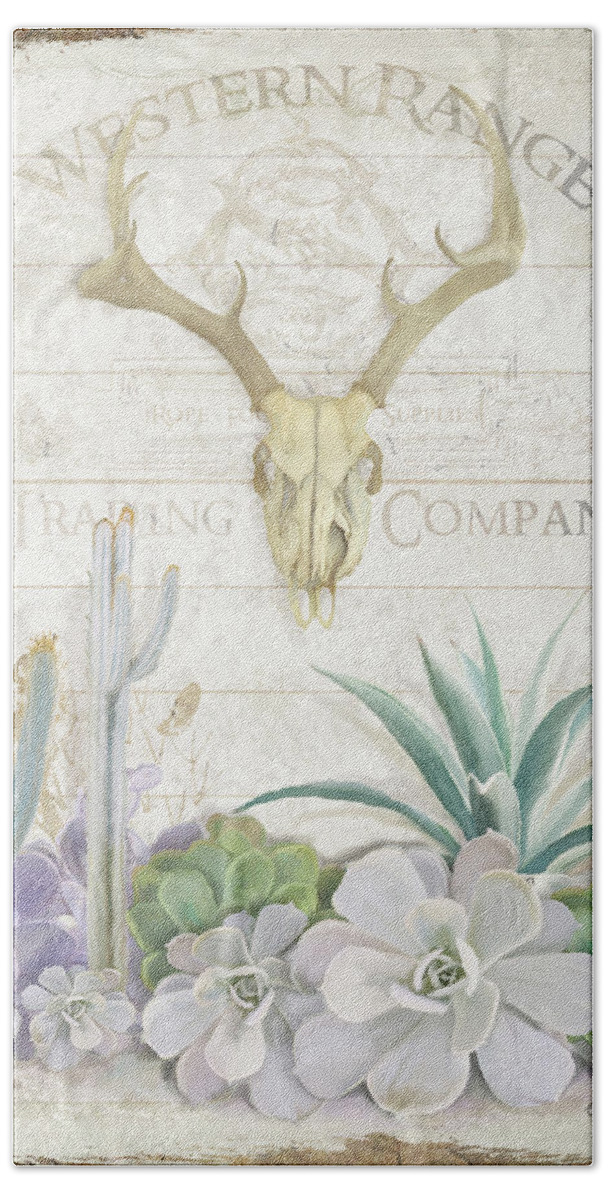 Deer Skull Bath Towel featuring the painting Old West Cactus Garden w Deer Skull n Succulents over Wood by Audrey Jeanne Roberts