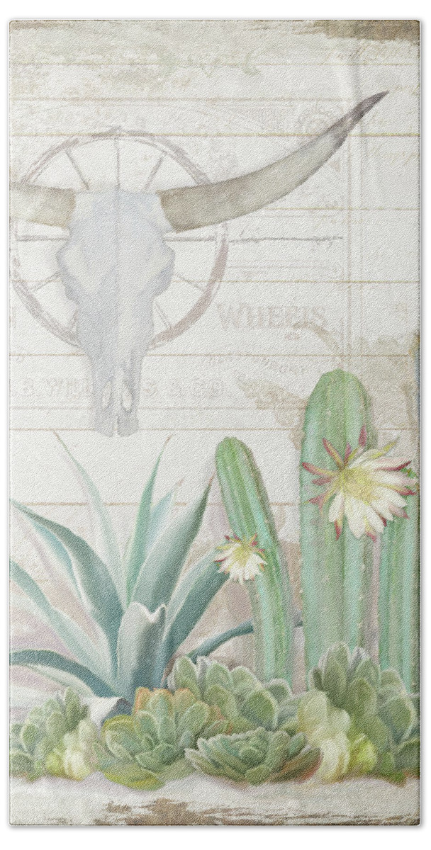 Longhorn Cow Skull Hand Towel featuring the painting Old West Cactus Garden w Longhorn Cow Skull n Succulents over Wood by Audrey Jeanne Roberts