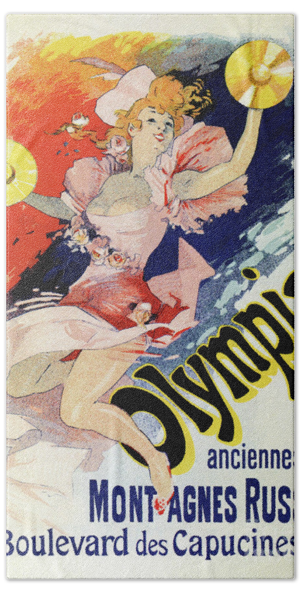 Art Nouveau Bath Towel featuring the drawing Olympia Paris by Jules Cheret by Heidi De Leeuw