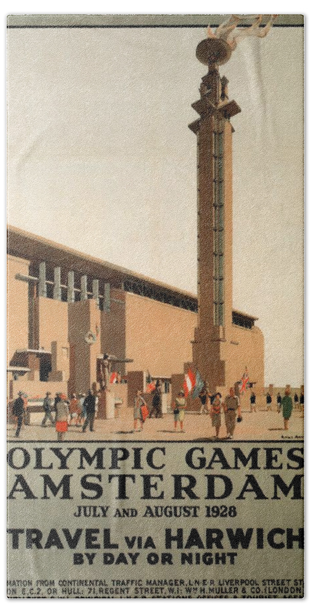 Olympic Games Hand Towel featuring the mixed media Olympic Games, Amsterdam, Netherlands - Travel Via Harwich - Retro travel Poster - Vintage Poster by Studio Grafiikka