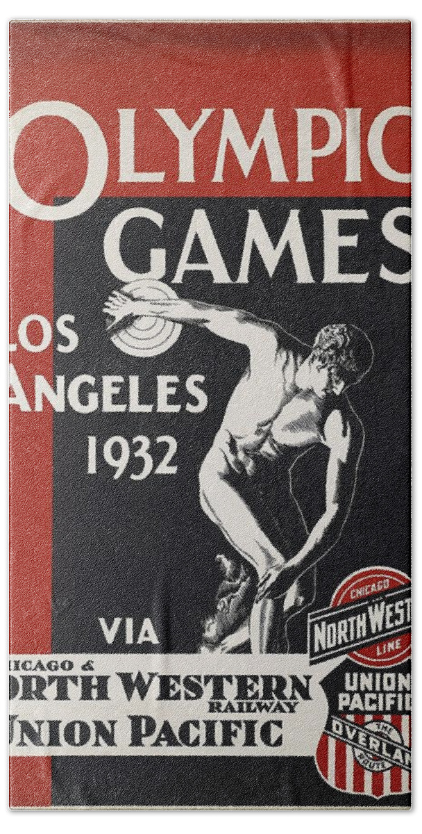 Olympic Games Bath Towel featuring the photograph Olympic Games - Los Angeles 1932 - North Western Railway - Retro travel Poster - Vintage Poster by Studio Grafiikka