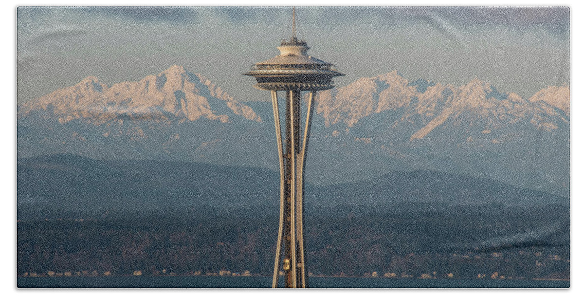 Seattle Hand Towel featuring the photograph Olympics and the Space Needle by Matt McDonald