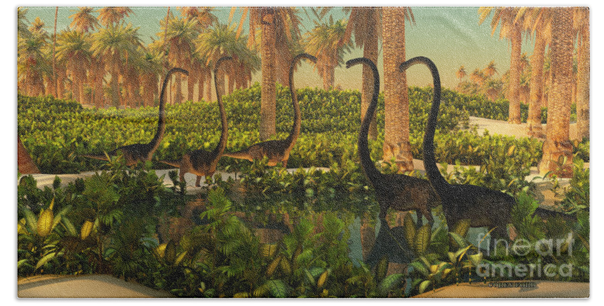 Omeisaurus Bath Towel featuring the painting Omeisaurus Dinosaur Watering Hole by Corey Ford