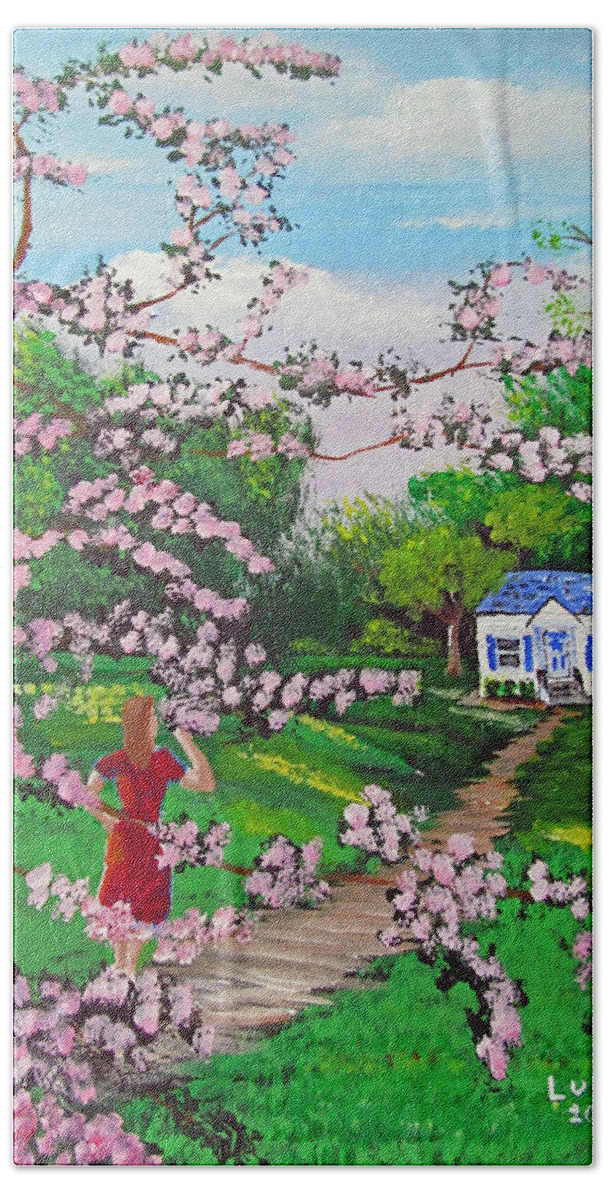 Old Wooden Home Hand Towel featuring the painting On My Way by Luis F Rodriguez