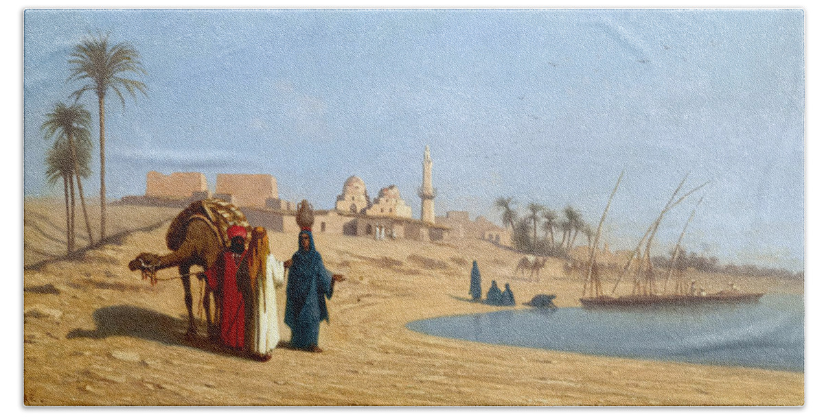 Charles-theodore Frere Bath Towel featuring the painting On the Banks of the Nile by Charles-Theodore Frere