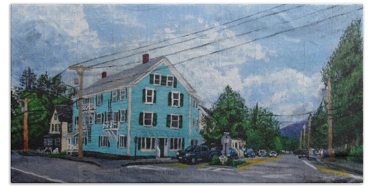 Blue Bath Towel featuring the painting On the Corner of Church and Main by Marina McLain
