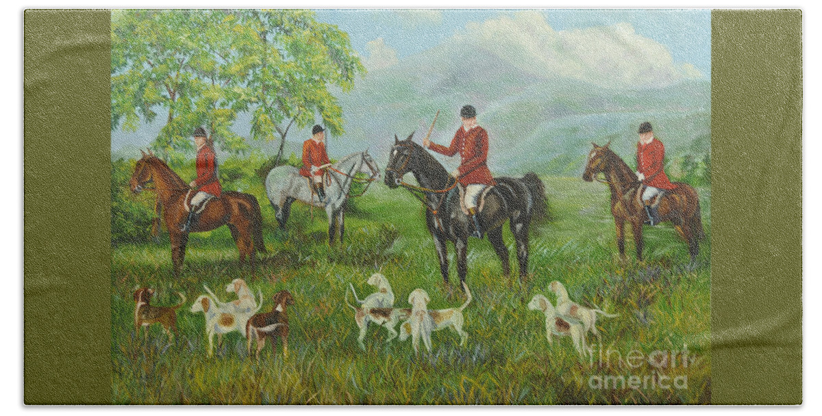 Fox Hunt Bath Towel featuring the painting On The Hunt by Charlotte Blanchard