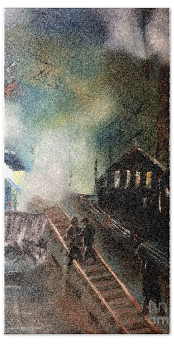 Coal Bath Towel featuring the painting On The Pennsylvania Tracks by Denise Tomasura