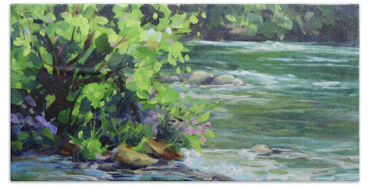 River Bath Towel featuring the painting On the River by Karen Ilari
