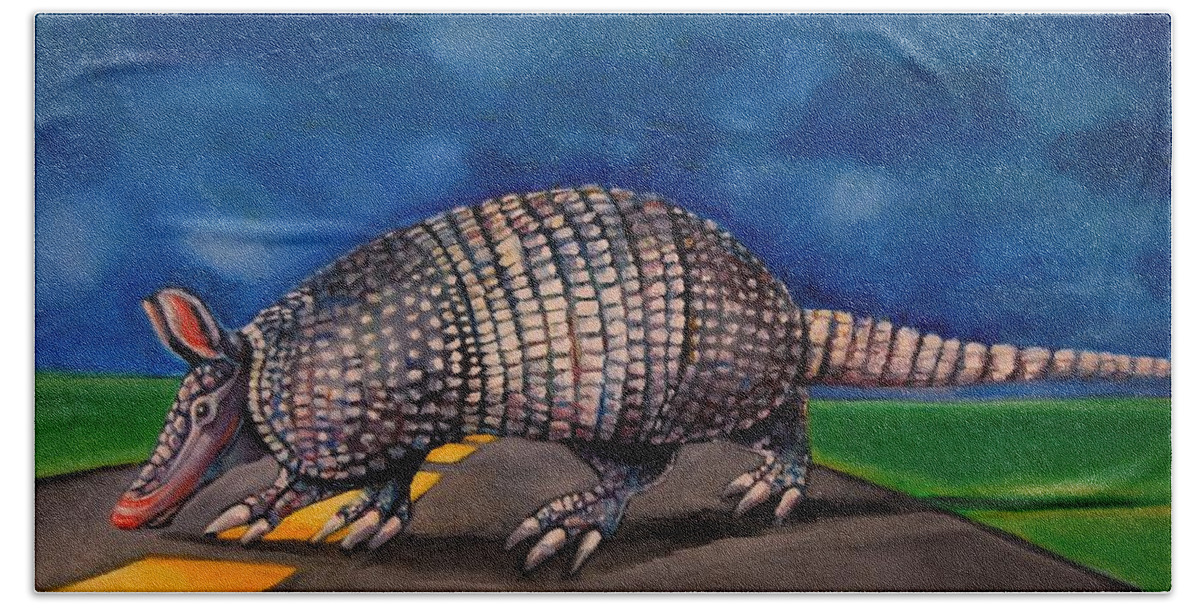 Armadillo Bath Towel featuring the painting On The Road Again by Jean Cormier