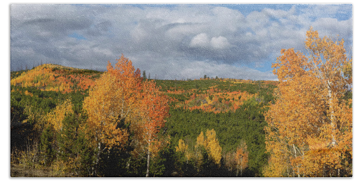 Autumn Landscape Bath Towel featuring the photograph On the Road to Spirit Lake by Kathleen Bishop