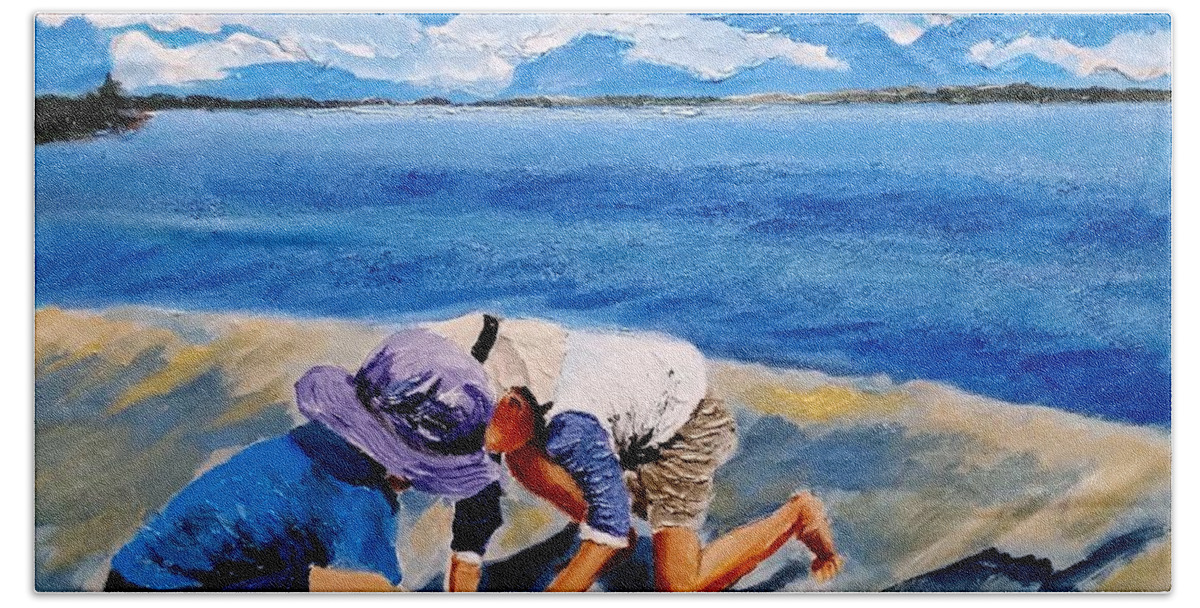 Children Bath Towel featuring the painting On the seashore children meet They build their houses with sand by Eli Gross