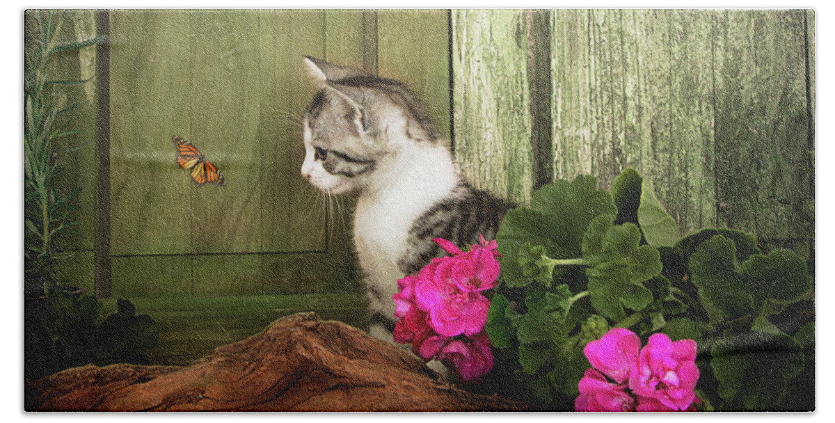 Kitten Hand Towel featuring the photograph One Cute Kitten Waiting At The Door by Ethiriel Photography