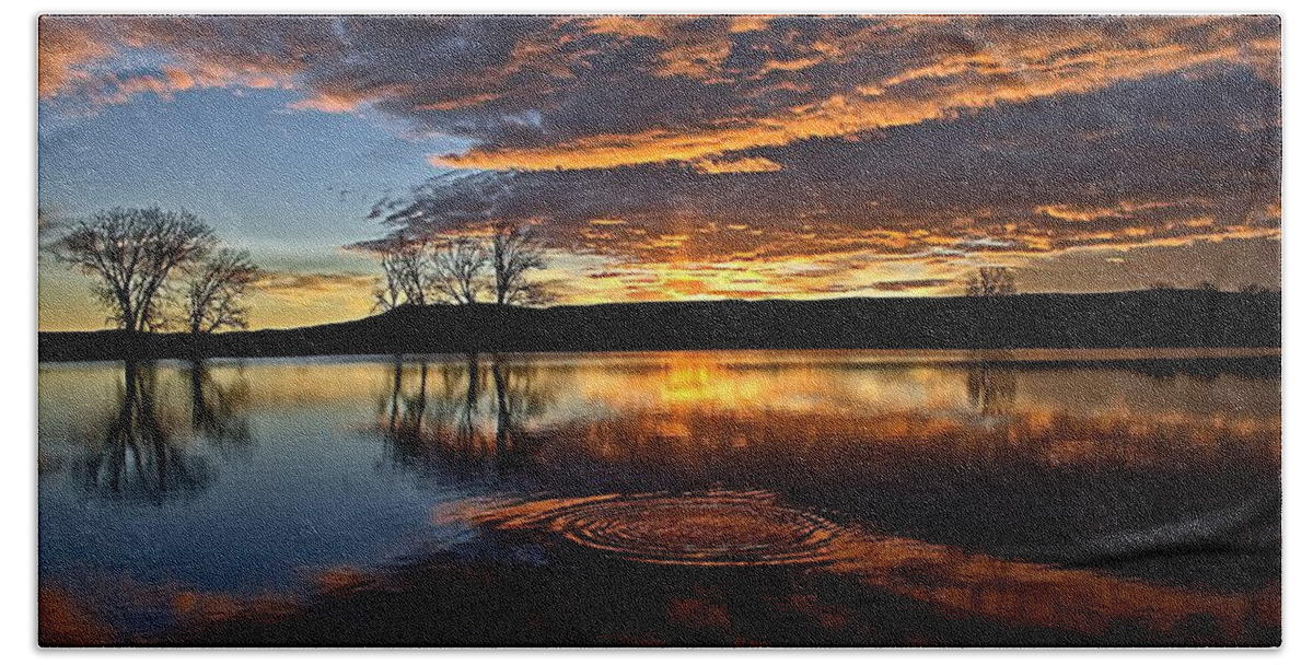 Sunrise Hand Towel featuring the photograph One Fish Jumps by Fiskr Larsen