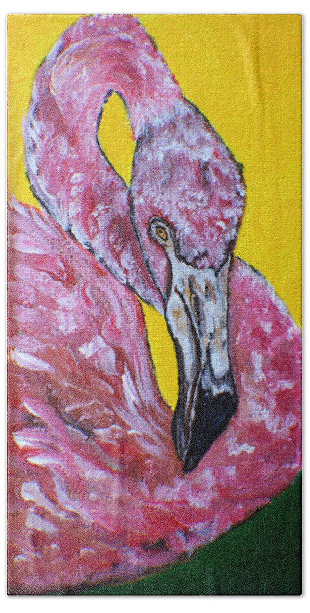 Art Bath Towel featuring the painting One Hot Pink Flamingo by Ella Kaye Dickey