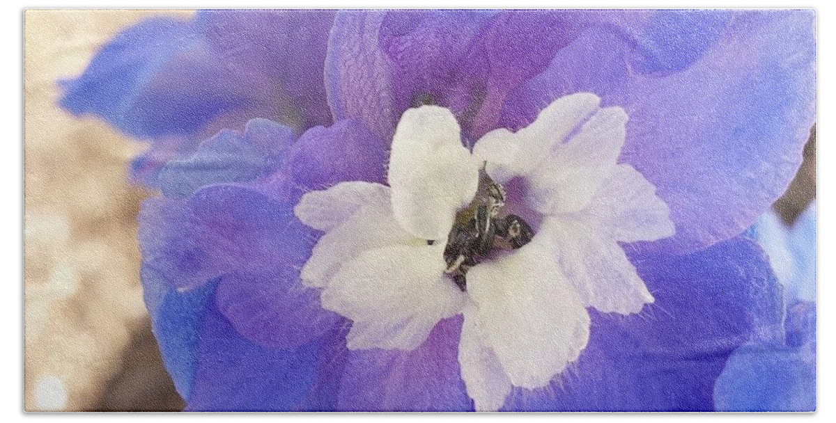 Delphinium Bath Towel featuring the photograph One Last Bloom by Judith Rhue