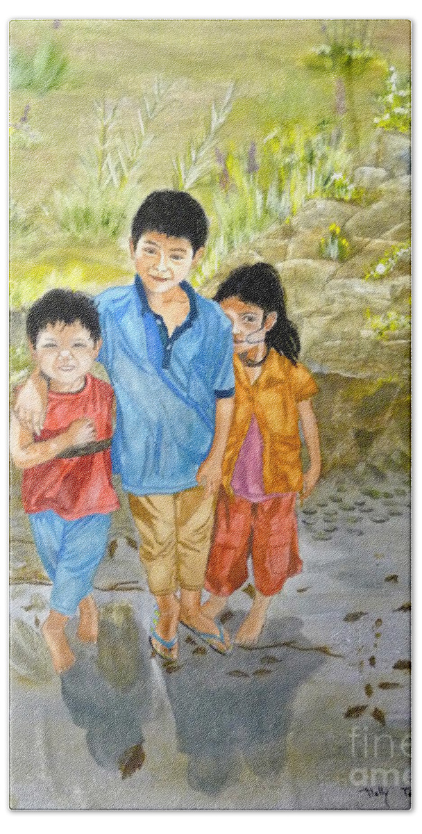 Onion Farm Children Hand Towel featuring the painting Onion Farm Children Bali Indonesia by Melly Terpening