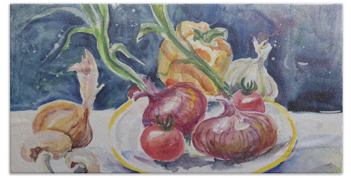 Vegetable Bath Towel featuring the painting Onions by Ingrid Dohm