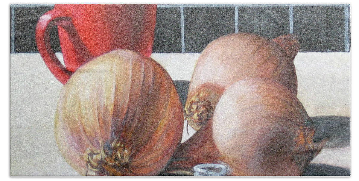  Hand Towel featuring the painting Onions by Tim Johnson