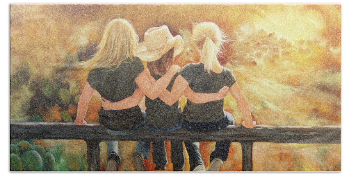 Only Sisters Know Painting Bath Towel featuring the painting Only Sisters Know by Karen Kennedy Chatham