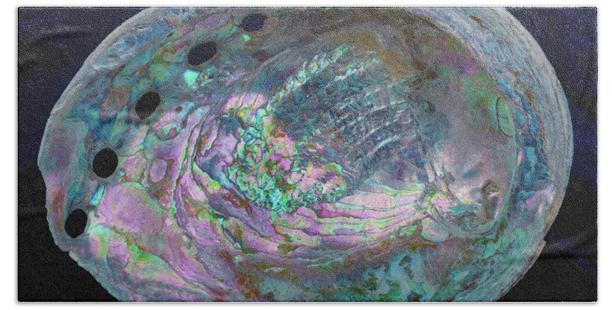 Abalone Bath Towel featuring the photograph Opalescent Abalone Seashell on Blue Velvet by Kathy Anselmo