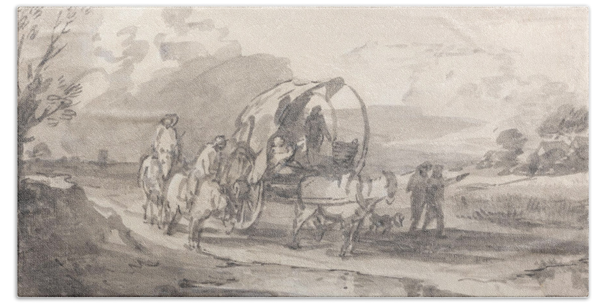18th Century Art Bath Towel featuring the drawing Open Landscape with Horsemen and Covered Cart by Thomas Gainsborough