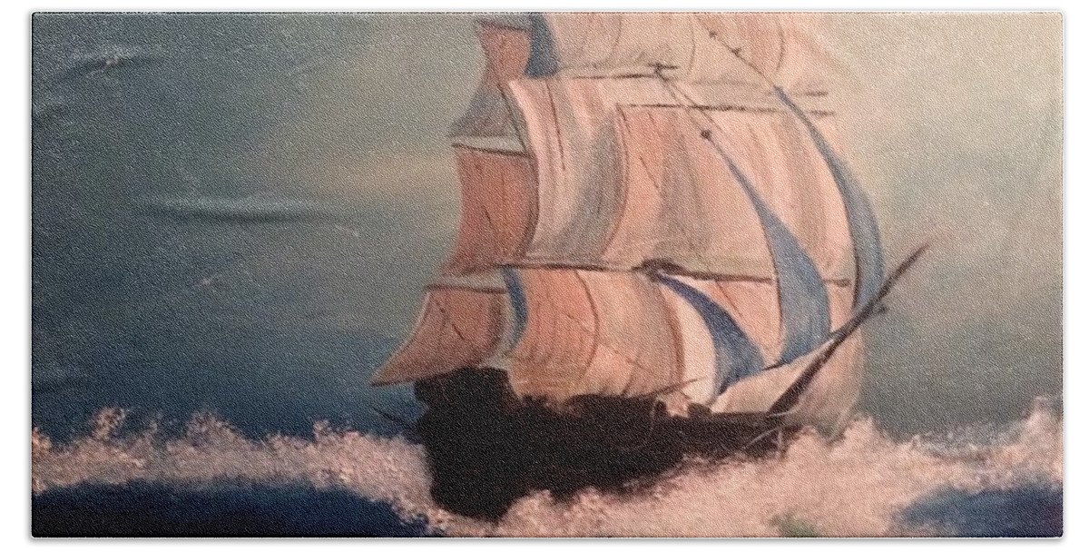 Clipper Ship Hand Towel featuring the painting Open Seas by Denise Tomasura