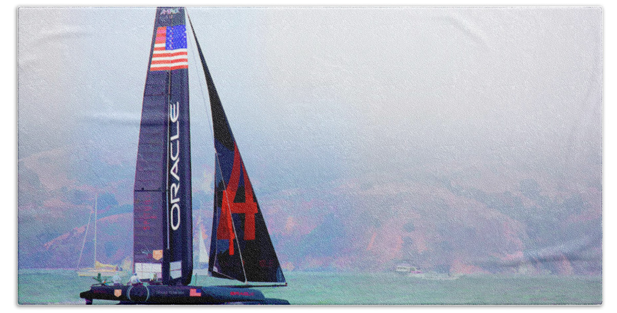 America's Cup Bath Towel featuring the photograph Oracles USA America's Cup Paint by Chuck Kuhn