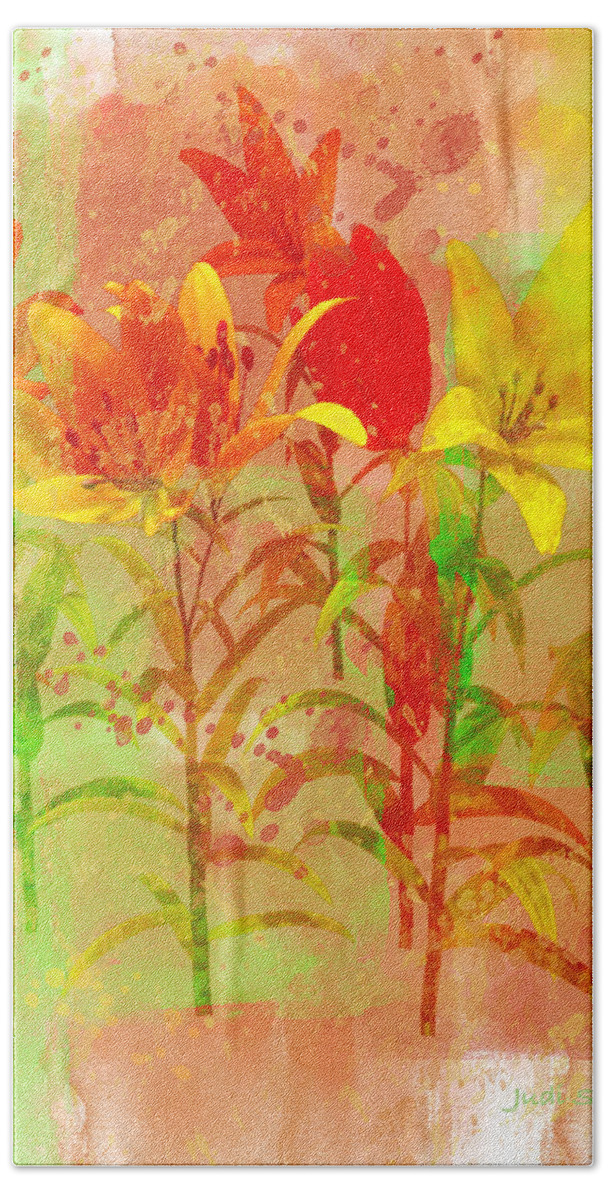 Lilies Bath Towel featuring the digital art Orange and Yellow Lilies by Judi Suni Hall