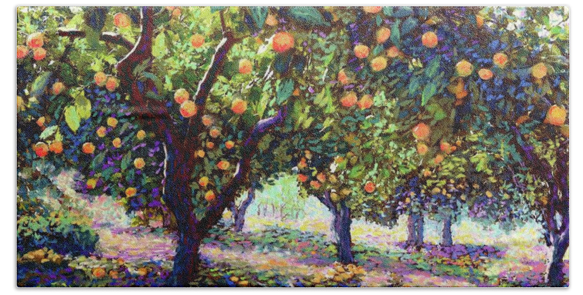 Landscape Bath Towel featuring the painting Orange Grove of Citrus Fruit Trees by Jane Small