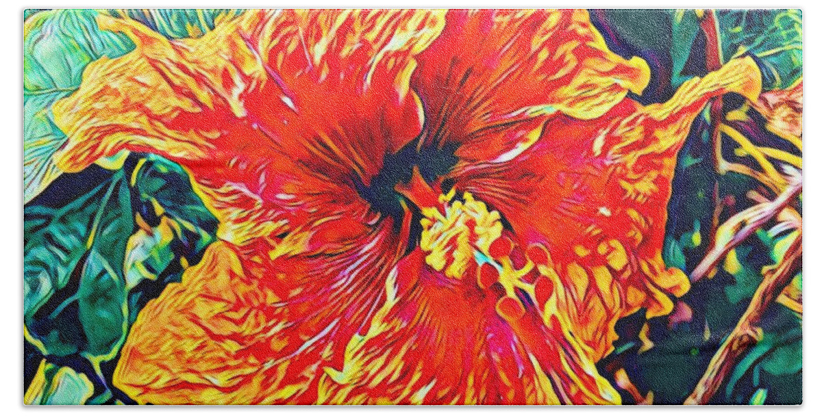 #flowersofaloha #orangehibiscus #hibiscus #orange #aloha #flowers Bath Towel featuring the photograph Orange Hibiscus in Crepe - Full View by Joalene Young