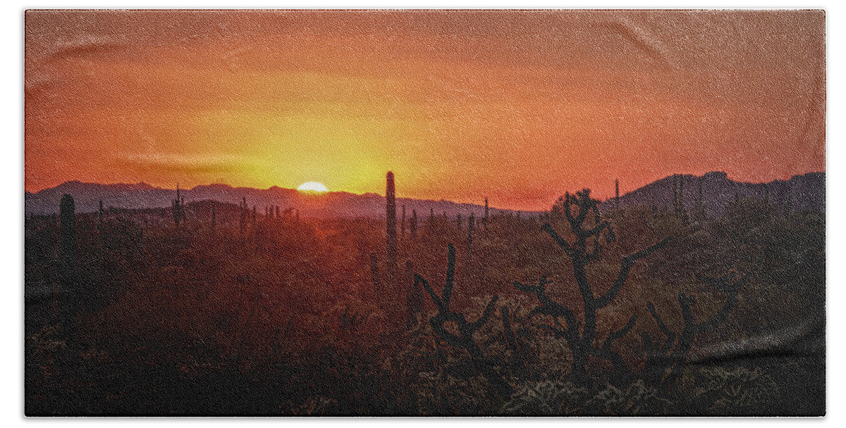Saguaro Sunset Bath Towel featuring the photograph Orange Sonoran Skies by Saija Lehtonen