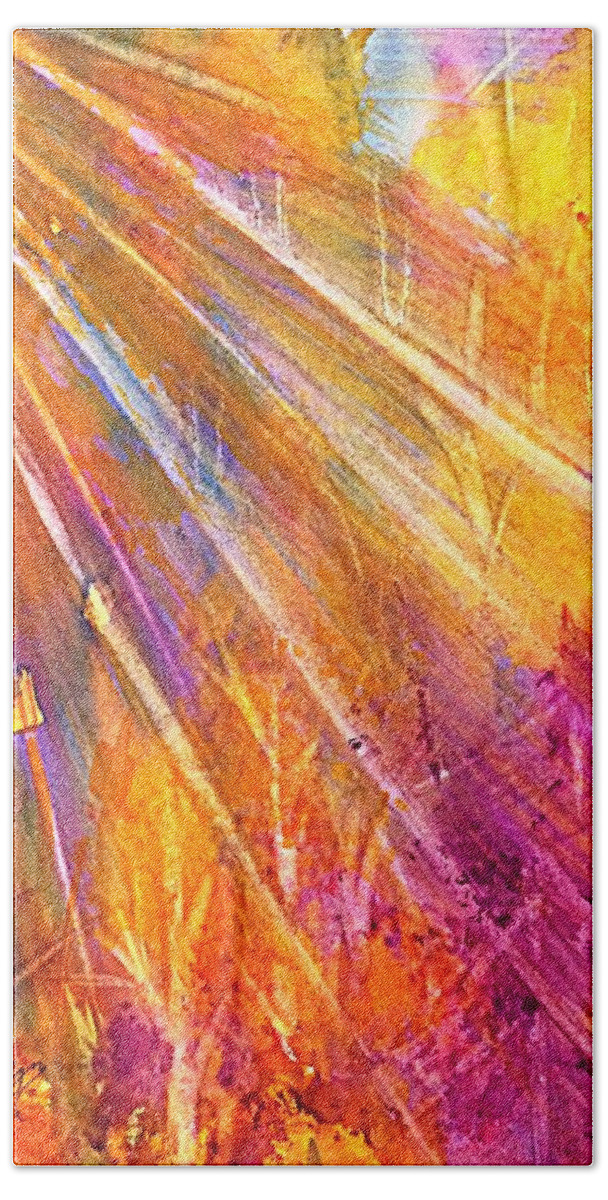 Sunburst Bath Towel featuring the painting Orange Sunburst Forest Abstract by Ellen Levinson