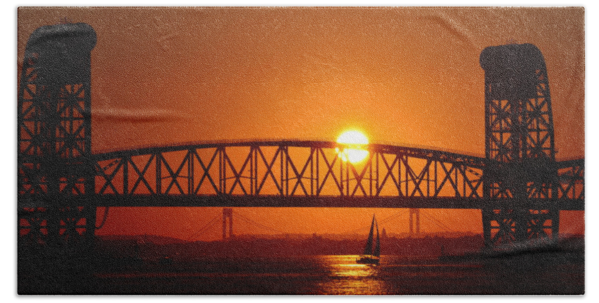 Orange Hand Towel featuring the photograph Orange Sunset Brooklyn Bridges Sailboat by Maureen E Ritter