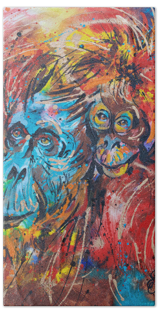 Orangutan Mother And Baby Hand Towel featuring the painting Orangutan Joyful Ride by Jyotika Shroff