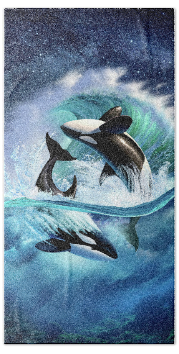 Orca Hand Towel featuring the digital art Orca Wave by Jerry LoFaro
