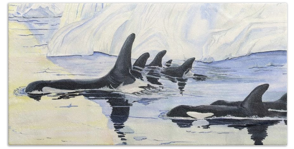 Sea Hand Towel featuring the digital art Orcas by Darren Cannell