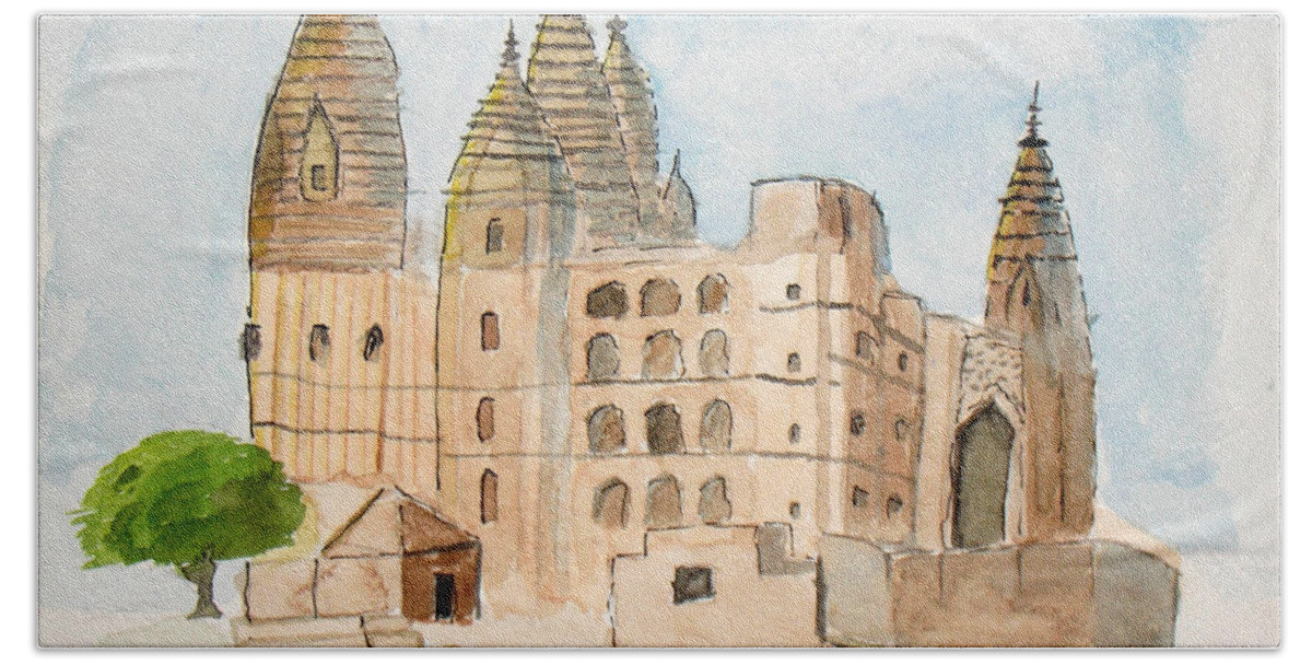 Orchha Bath Towel featuring the painting Orchha Temple by Keshava Shukla