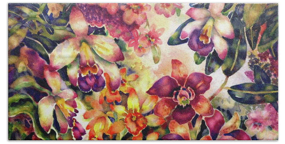 Watercolor Bath Towel featuring the painting Orchid Garden II by Ann Nicholson